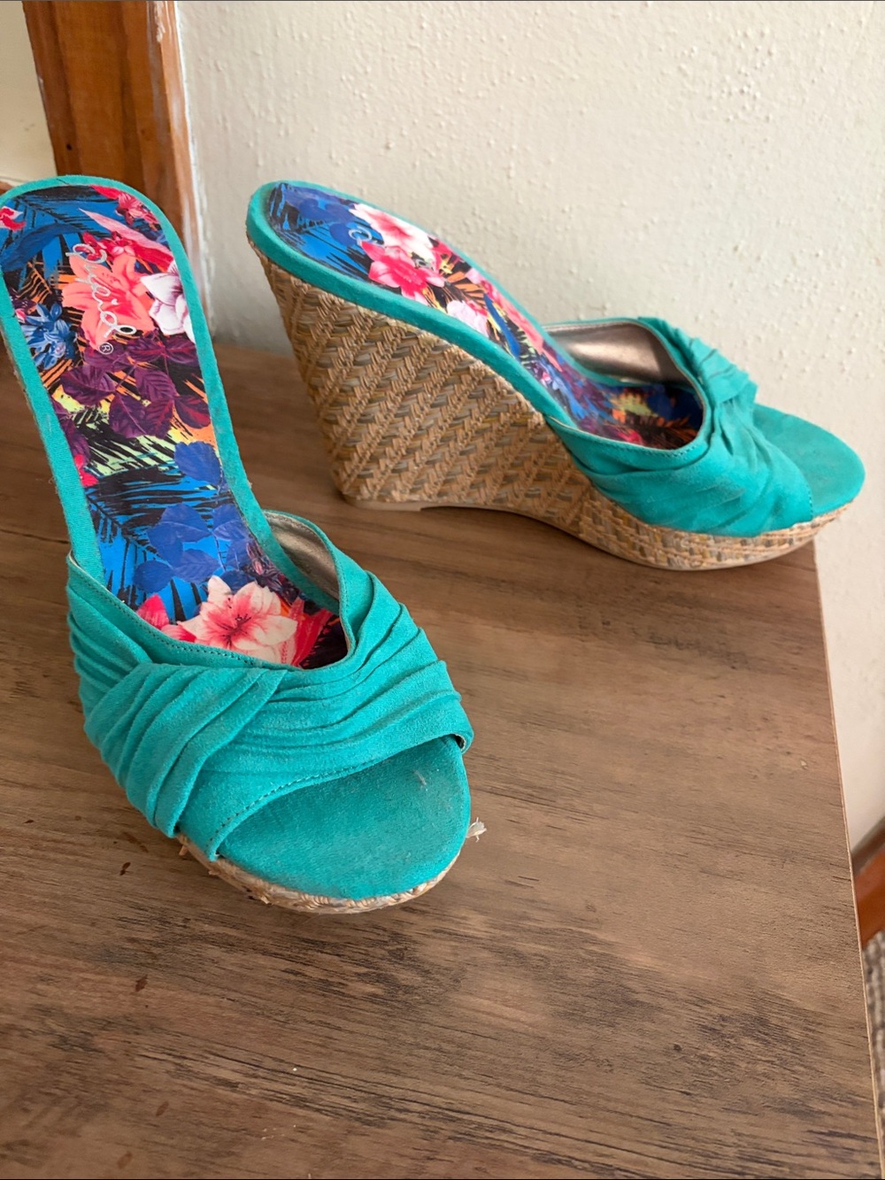 Qupid Teal Ruched Wedge Slide Sandals with Floral Insole